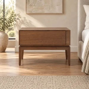 Walnut Veneer Nightstand with Drawer on Solid Wood Frame in walnut — front view
