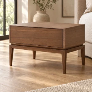 Walnut Veneer Nightstand with Drawer on Solid Wood Frame in walnut — in a room setting