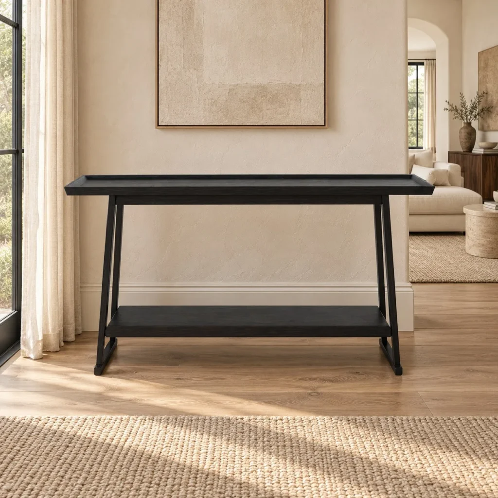 Black Veneer Console Table with Lower Shelf, 130 to 150 cm in black — front view