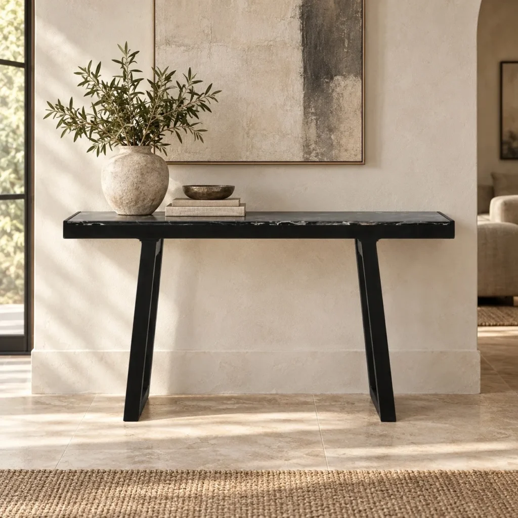Black Marble Console Table with Angled Wood Legs in black — front view
