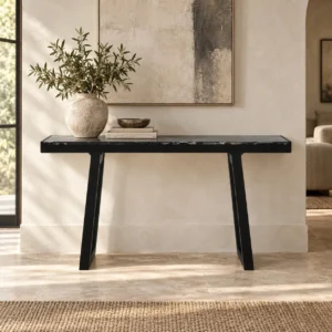 Black Marble Console Table with Angled Wood Legs in black — front view