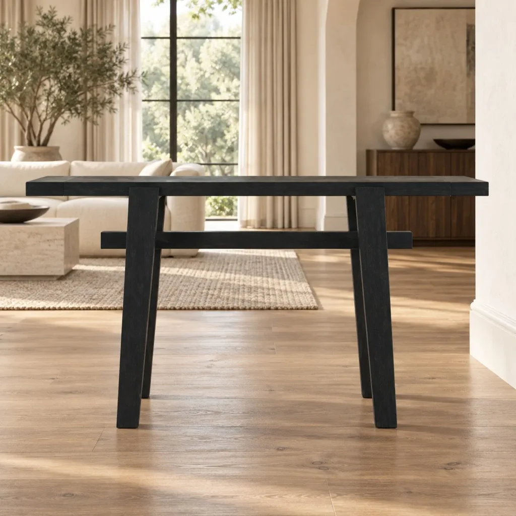 Black Veneer Console Table with Angled Leg Frame in black — front view