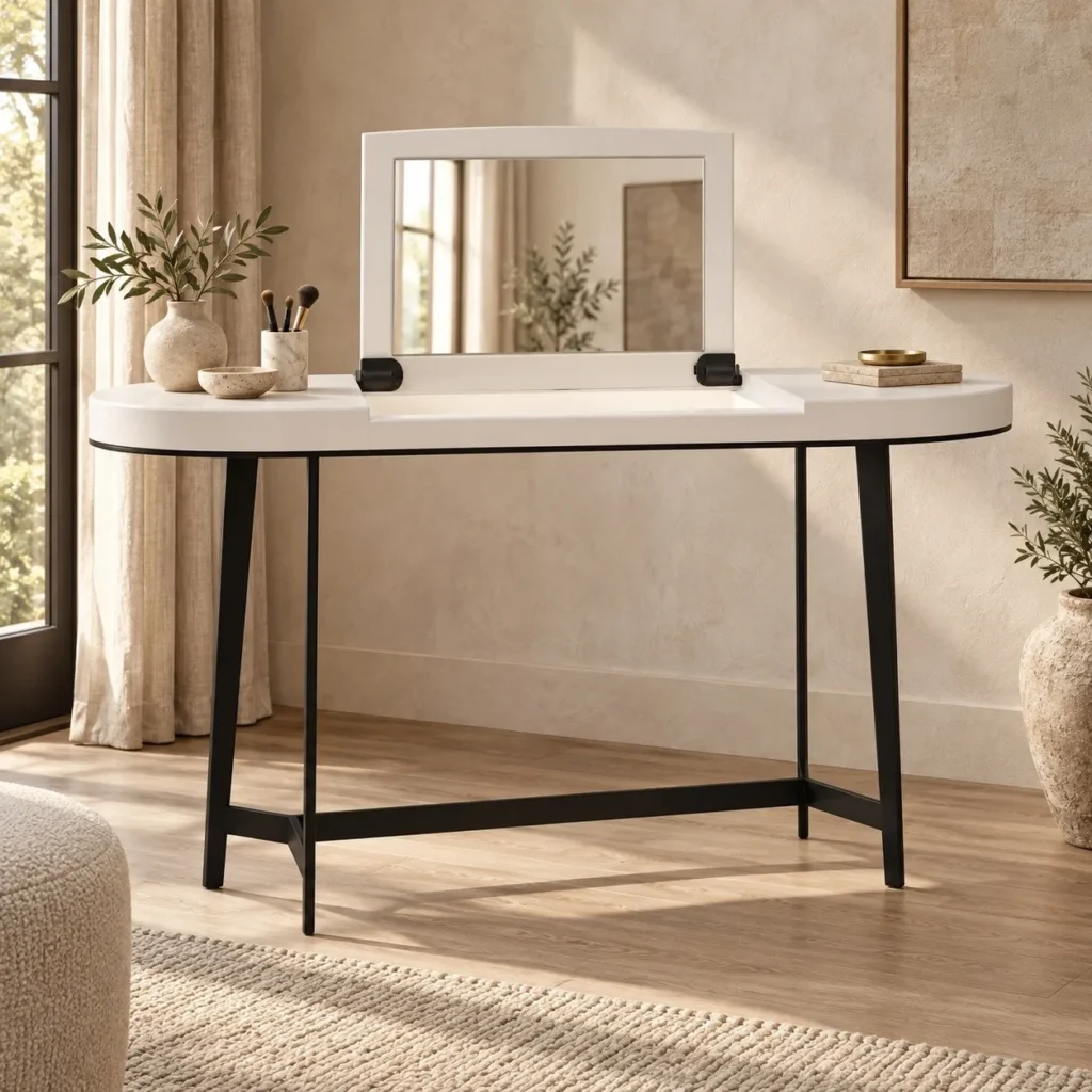 White Lacquered Curved Dressing Table with Flip-Up Mirror in ivory — front view