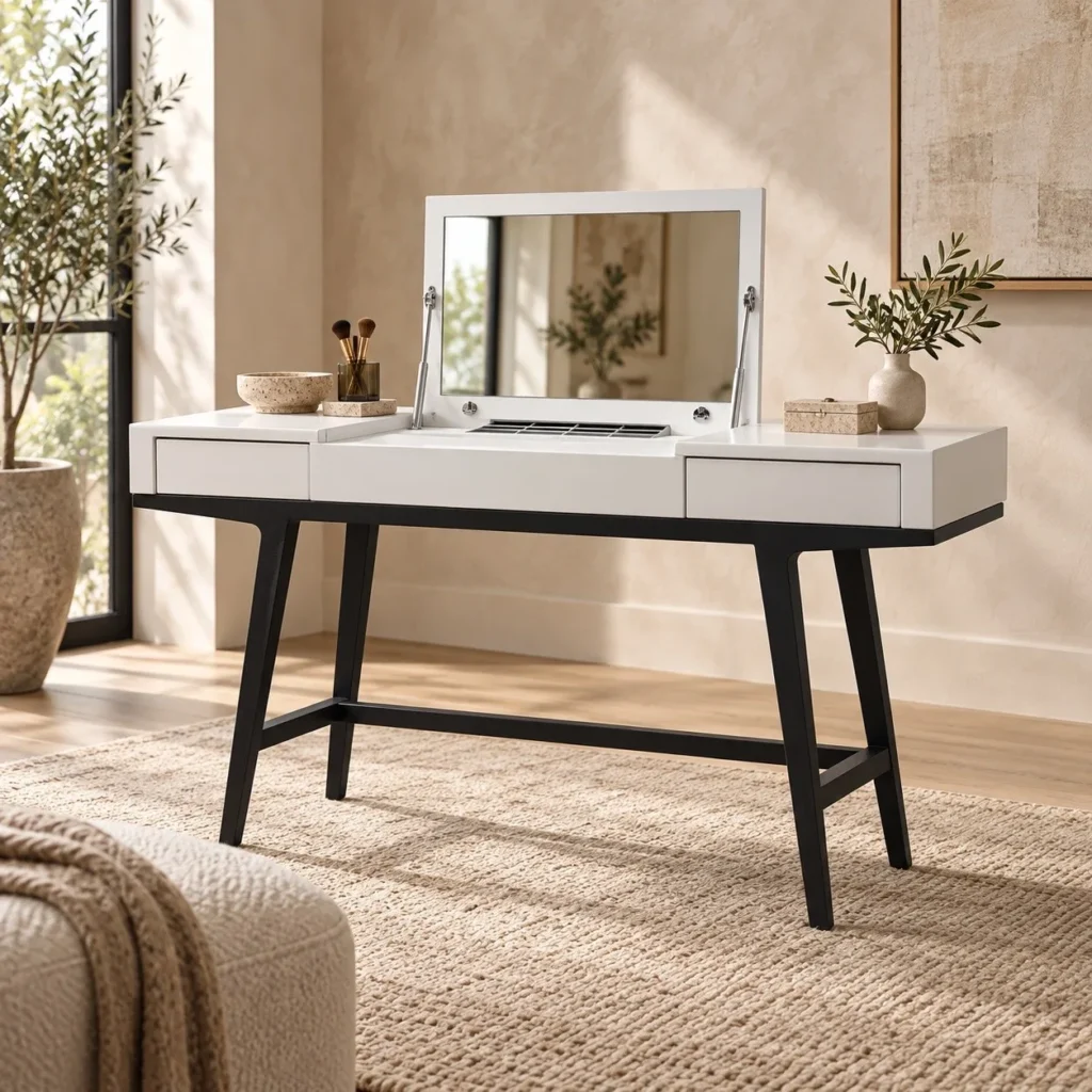 White Lacquered Dressing Table with Mirror and Tapered Legs in ivory — front view