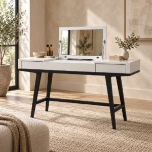 White Lacquered Dressing Table with Mirror and Tapered Legs in ivory — front view