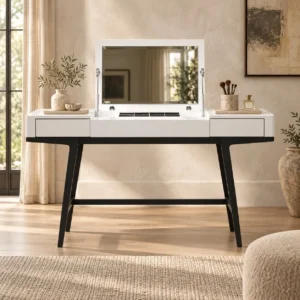 White Lacquered Dressing Table with Mirror and Tapered Legs in ivory — in a room setting