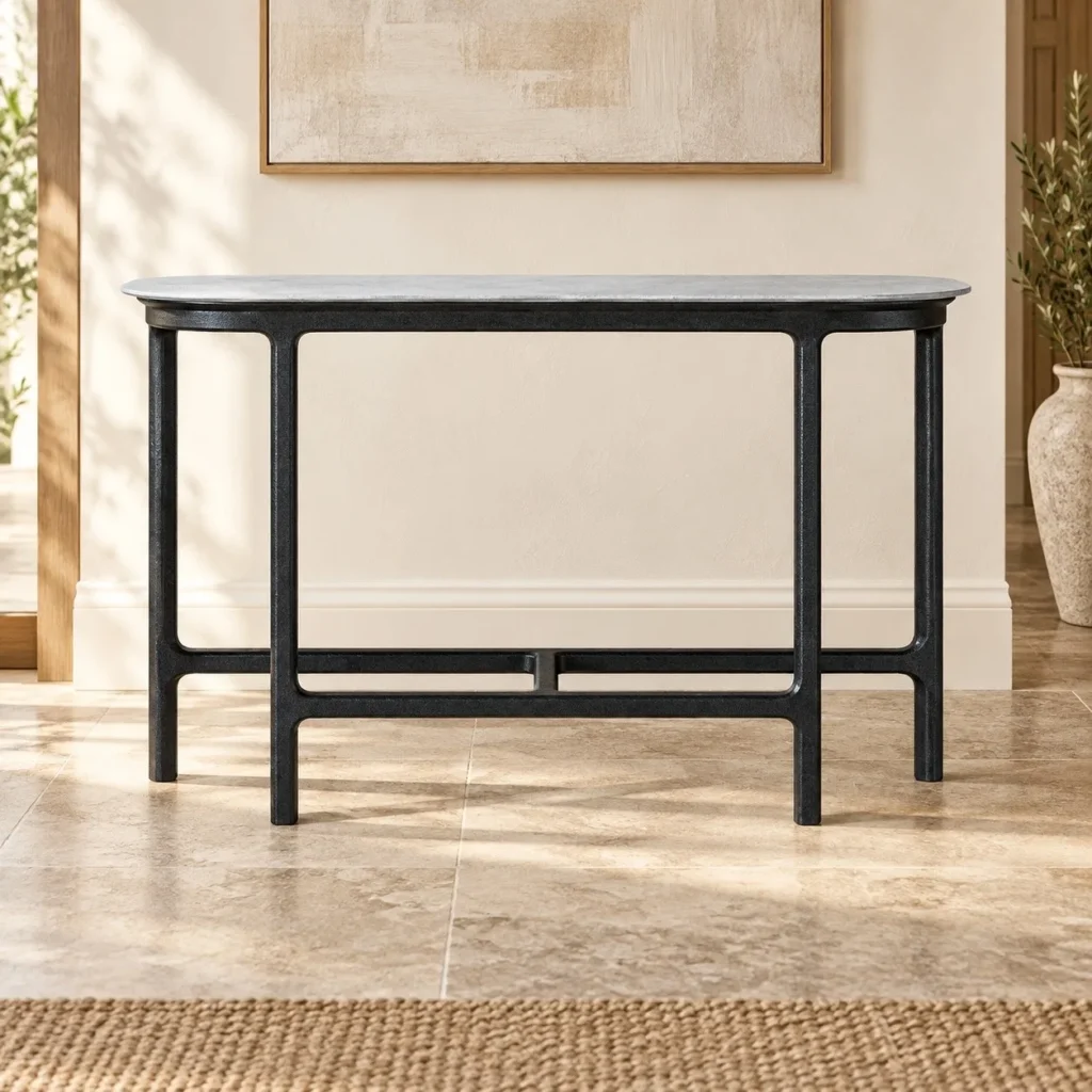 Grey Marble Console Table with Black Solid Wood Frame in slate — front view