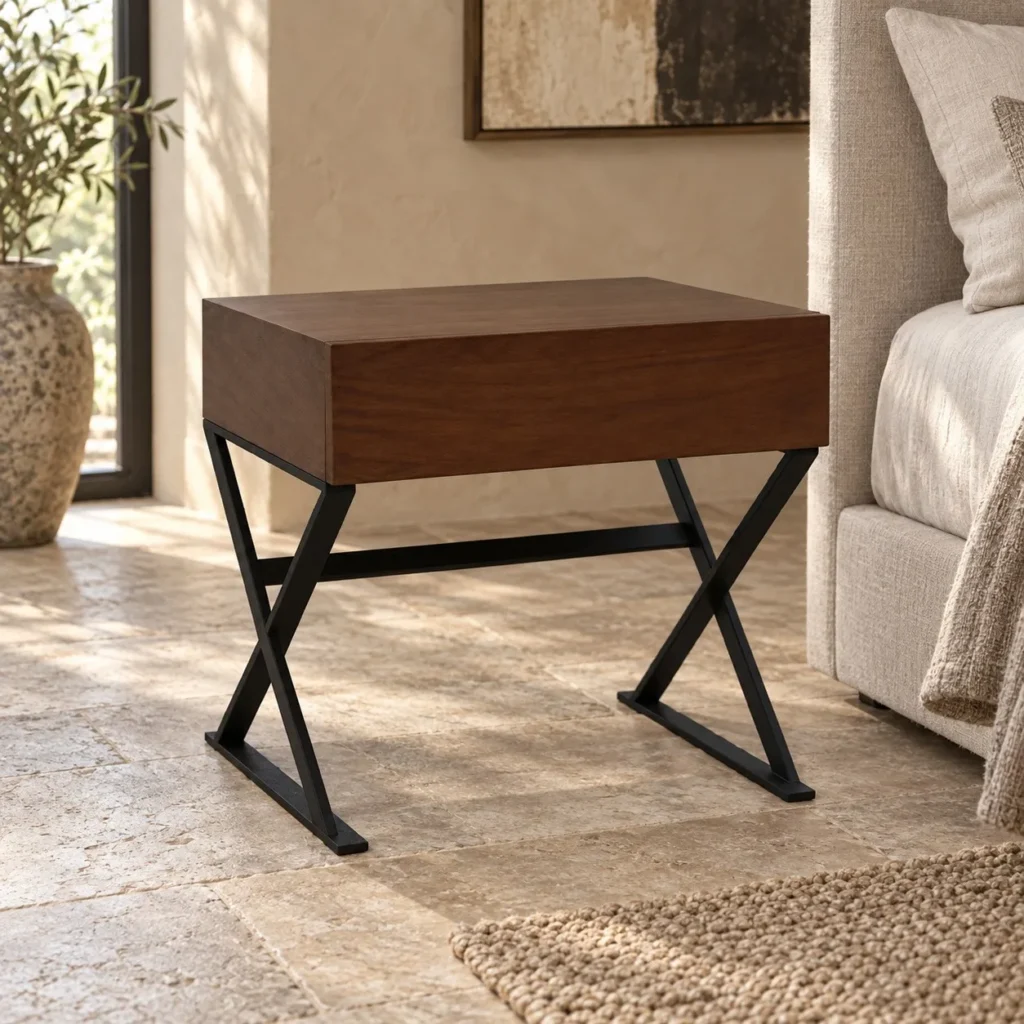 Walnut Veneer Nightstand with Drawer on Black X-Base in walnut — front view