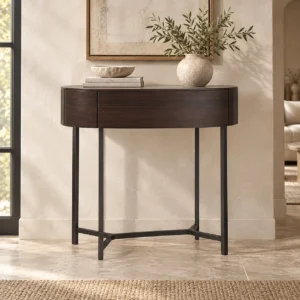 Round Walnut Veneer Side Table with Black Metal Base in walnut — front view