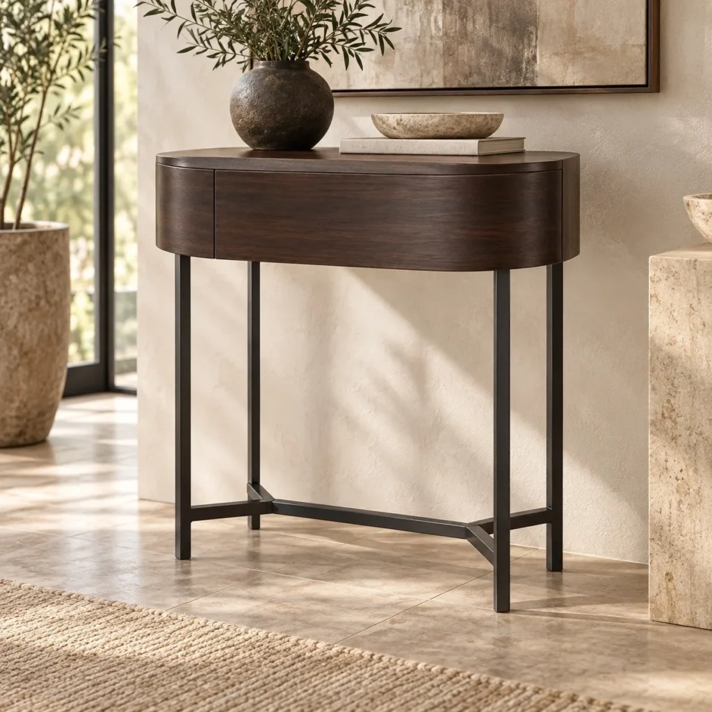 Round Walnut Veneer Side Table with Black Metal Base in walnut — in a room setting