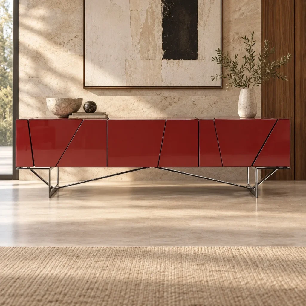 Red Lacquered Faceted Sideboard on Angular Steel Legs in red — front view