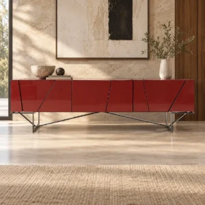Red Lacquered Faceted Sideboard on Angular Steel Legs in red — front view