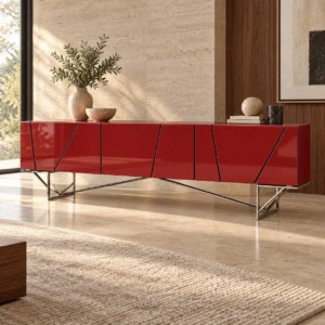Red Lacquered Faceted Sideboard on Angular Steel Legs in red — in a room setting