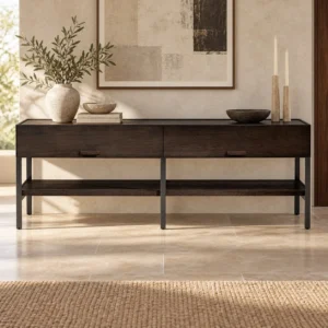 Dark Veneer Console Sideboard with Drawers and Open Shelf in clay — front view