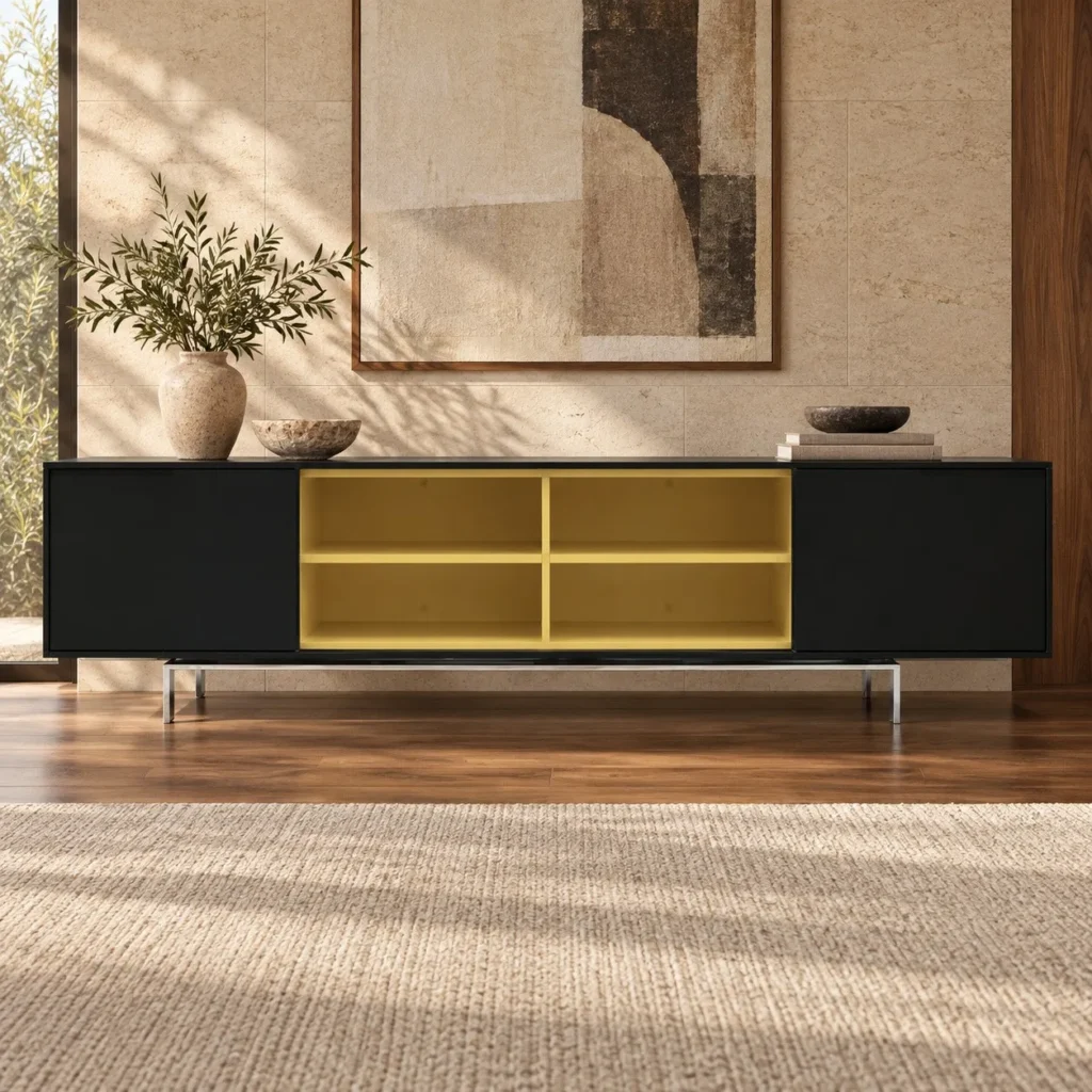 Black Sideboard with Yellow Open Shelf Niche, 180 or 220 cm in black — front view