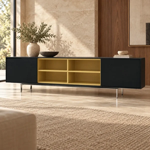 Black Sideboard with Yellow Open Shelf Niche, 180 or 220 cm in black — in a room setting