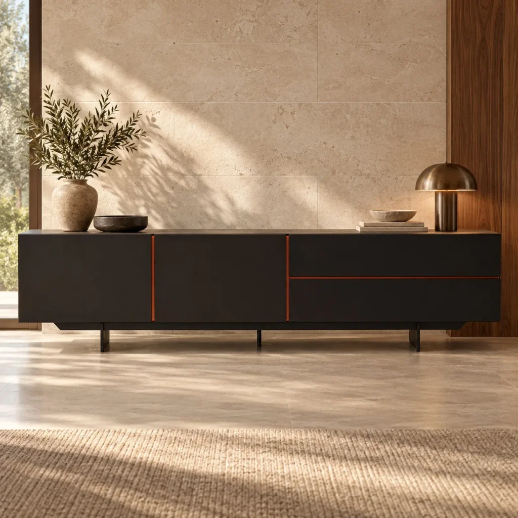 Black Low Sideboard with Copper Line Detail, 180 or 220 cm in black — front view