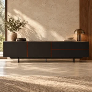 Black Low Sideboard with Copper Line Detail, 180 or 220 cm in black — front view