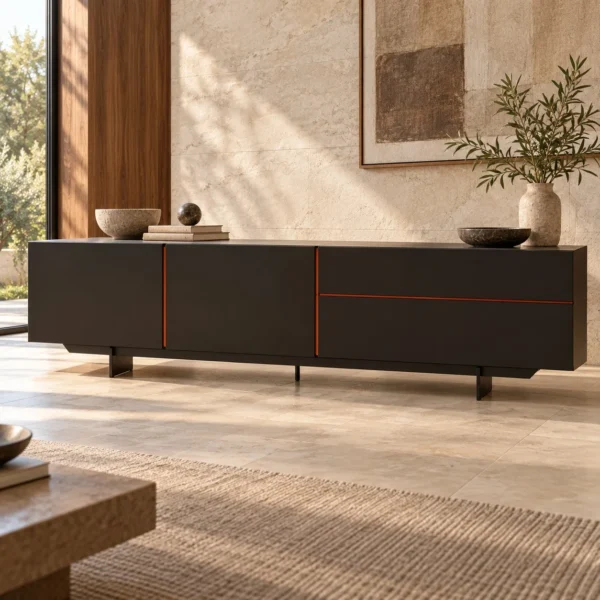 Black Low Sideboard with Copper Line Detail, 180 or 220 cm in black — in a room setting