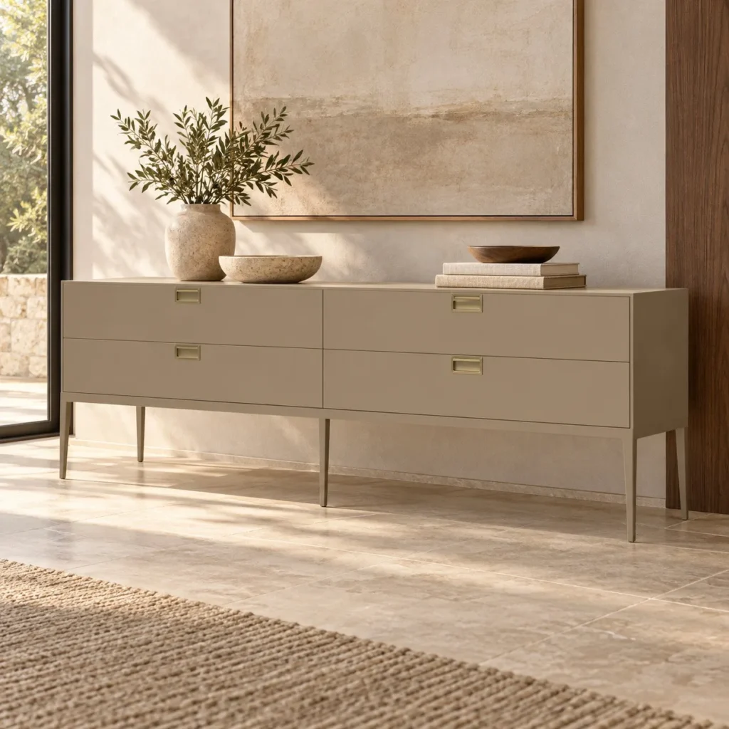 Taupe Lacquered Four-Drawer Sideboard with Brass Pulls in sand — front view