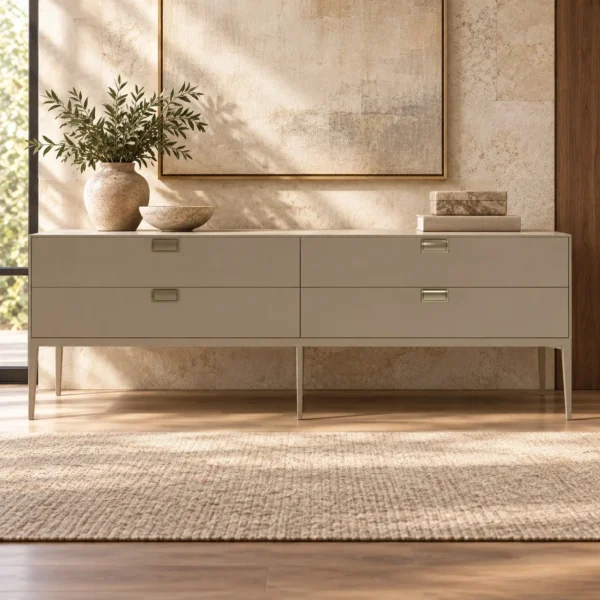 Taupe Lacquered Four-Drawer Sideboard with Brass Pulls in sand — in a room setting