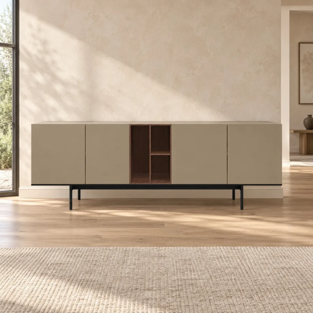 Warm Grey Sideboard with Walnut Open Shelf, 180 or 220 cm in slate — front view