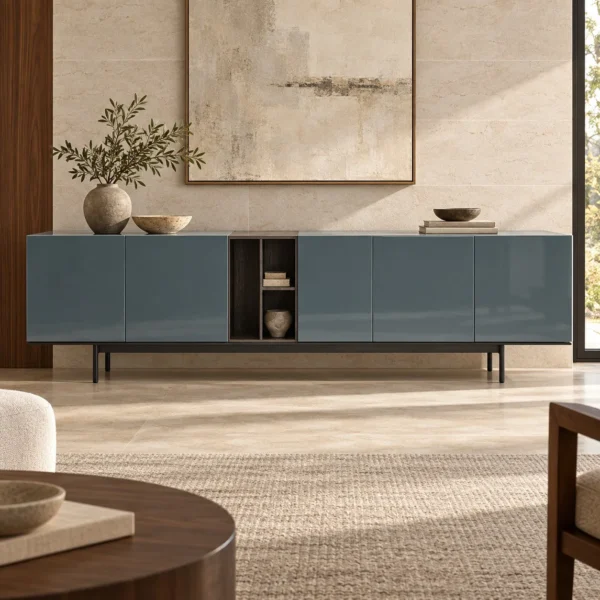 Slate Blue Lacquered Sideboard in blue — in a room setting