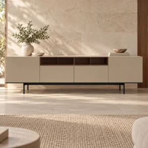 Cream Sideboard with Walnut Open Compartments, 180 or 220 cm in oatmeal — front view