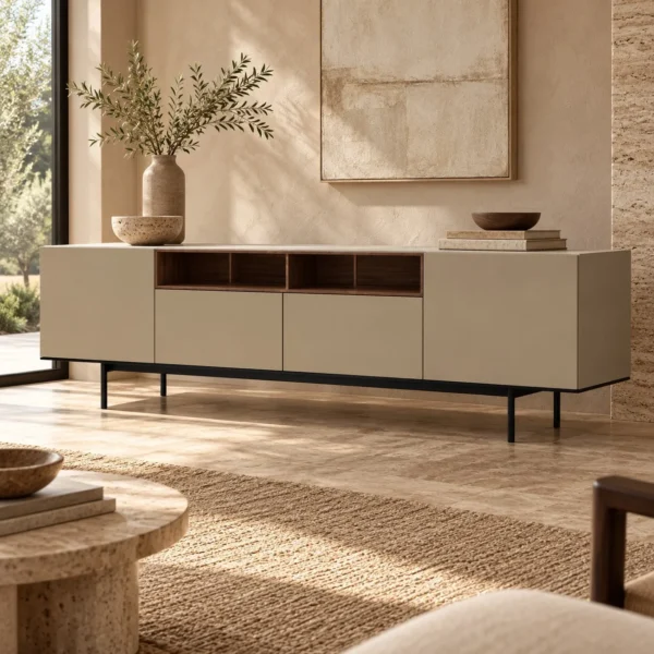 Cream Sideboard with Walnut Open Compartments, 180 or 220 cm in oatmeal — in a room setting