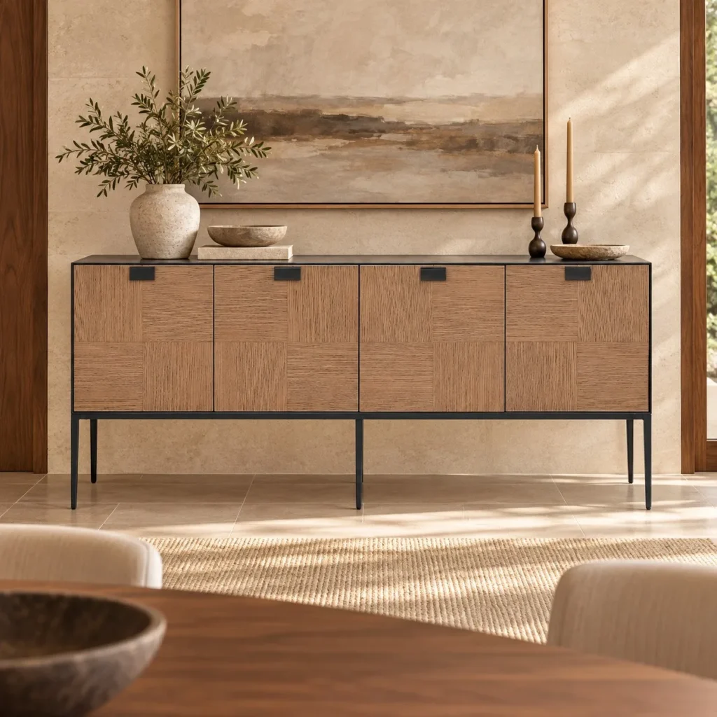 Oak Veneer Four-Door Sideboard on Black Metal Frame in natural oak — front view