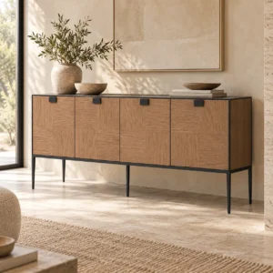 Oak Veneer Four-Door Sideboard on Black Metal Frame in natural oak — in a room setting