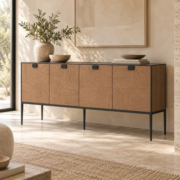 Oak Veneer Four-Door Sideboard on Black Metal Frame in natural oak — in a room setting