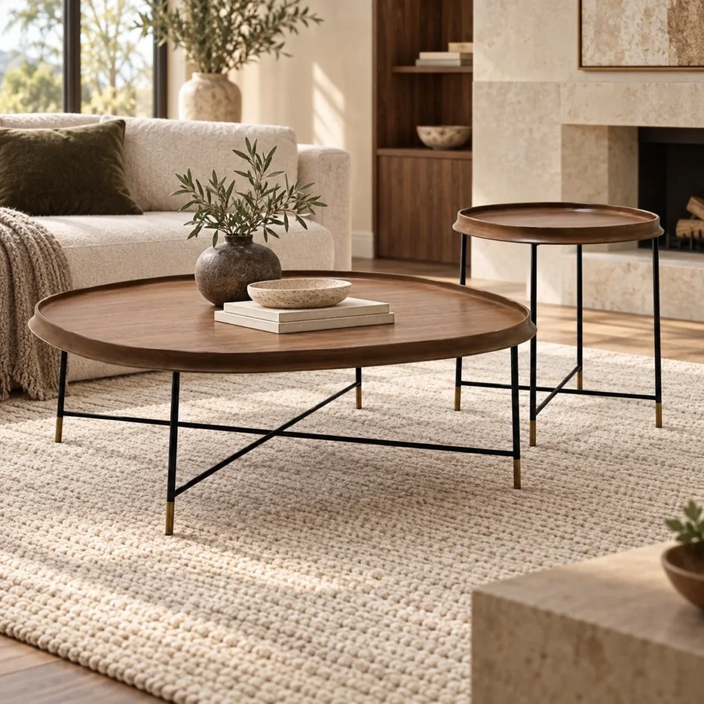 Round Walnut Tray-Top Coffee and Side Table Set in walnut — front view