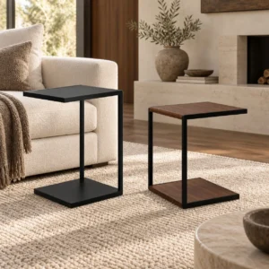 C-Shaped Sofa Side Table in Veneer and Black Metal — front view