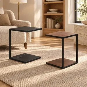 C-Shaped Sofa Side Table in Veneer and Black Metal — in a room setting