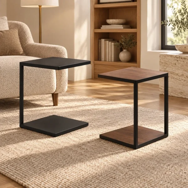 C-Shaped Sofa Side Table in Veneer and Black Metal — in a room setting