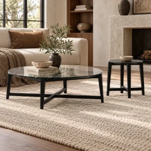 Round Marble Coffee and Side Table Set on Black Wood Legs in black — front view