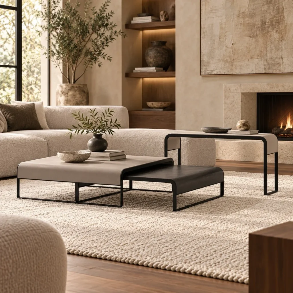 Low Square Coffee Table and Bench Set with Black Metal Frame in black — front view