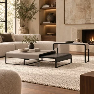 Low Square Coffee Table and Bench Set with Black Metal Frame in black — front view
