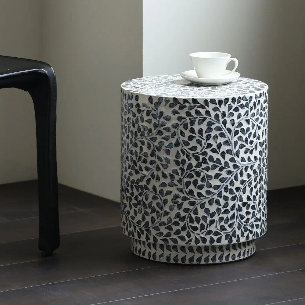 Leaf Vine Capiz Shell Round Drum Side Table in slate — front view