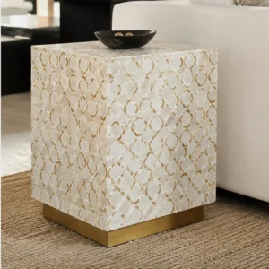 Moon Shell Square Side Table on Brass Plinth in oatmeal — front view
