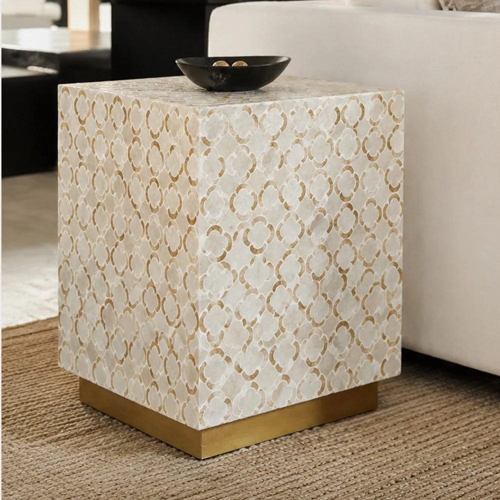 Moon Shell Square Side Table on Brass Plinth in oatmeal — front view