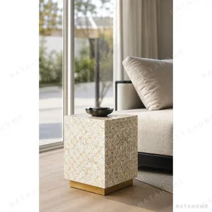 Moon Shell Square Side Table on Brass Plinth in oatmeal — in a room setting