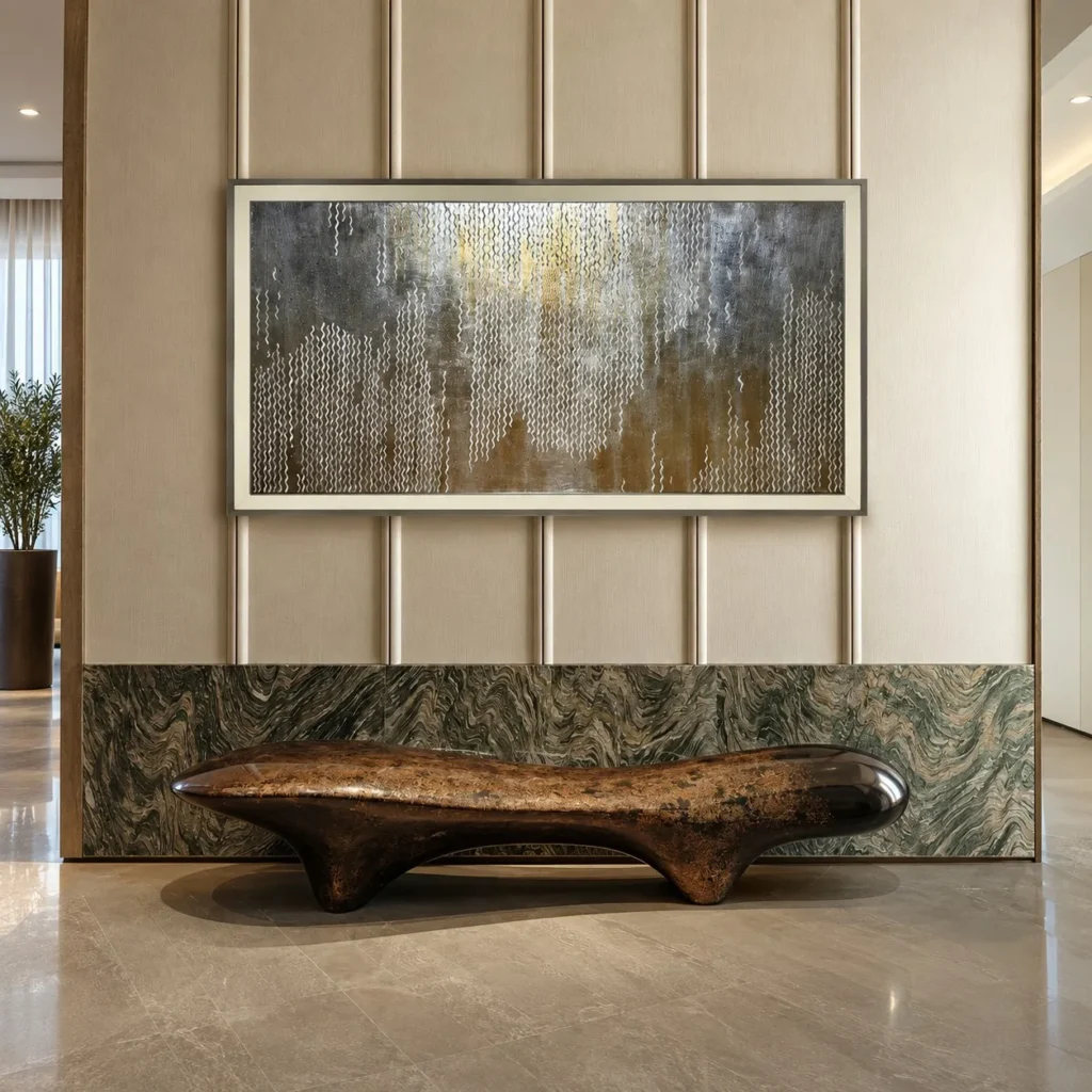 Mother of Pearl Inlay Abstract Wall Art in Silver Frame — front view