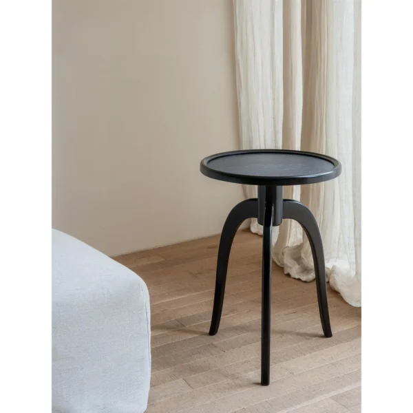 Shinian Black Tripod Side Table with Bird's Eye Top in black — in a room setting