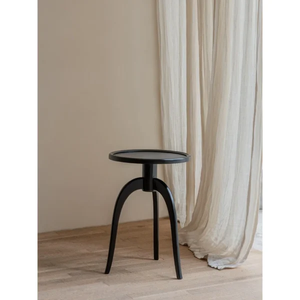 Shinian Black Tripod Side Table with Bird's Eye Top in black — in a room setting