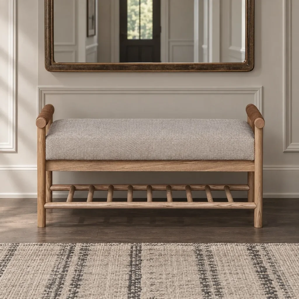 Oak Entryway Bench with Bolster Arms and Slatted Shelf in natural oak — front view