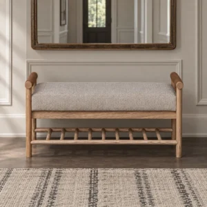Oak Entryway Bench with Bolster Arms and Slatted Shelf in natural oak — front view