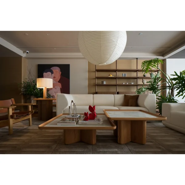 Side by Side White Oak Coffee Table Pair in natural oak — in a room setting