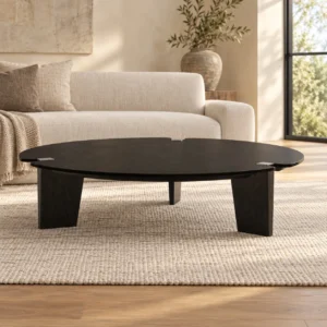 Round Black Veneer Coffee Table on Angled Solid Wood Legs in black — front view